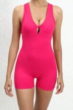 Asimetrik Büzgülü Kısa Jumpsuit - Pembe - Görsel 2