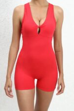 Asimetrik Büzgülü Kısa Jumpsuit - Kırmızı - Görsel 2