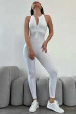 Büzgülü Jumpsuit - Beyaz - Görsel 4
