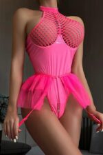 Etekli Latex Bodysuit - Neon-Pembe - Görsel 9