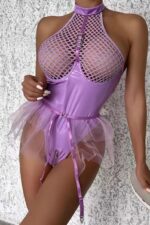 Etekli Latex Bodysuit - Lila - Görsel 5