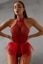 Etekli Latex Bodysuit - Kırmızı - Görsel 7