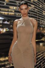 İrina Omzu Açık Elbise - Bej - Görsel 7