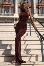 İrina Omzu Açık Elbise - Kahverengi - Görsel 4