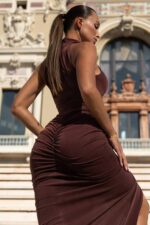İrina Omzu Açık Elbise - Kahverengi - Görsel 2