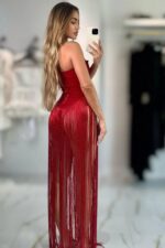 Jessica Mini Püsküllü Bandaj Elbise - Kırmızı-Simli - Görsel 3