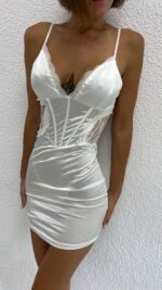 Lace Satin Mini Elbise - Beyaz - Görsel 6