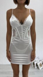 Lace Satin Mini Elbise - Beyaz - Görsel 4