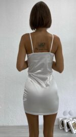 Lace Satin Mini Elbise - Beyaz - Görsel 5