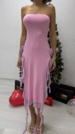 Ruffless Püsküllü Straplez Elbise - Pembe-Mor - Görsel 2