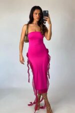 Ruffless Püsküllü Straplez Elbise - Neon-Pembe - Görsel 6