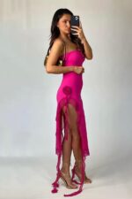 Ruffless Püsküllü Straplez Elbise - Neon-Pembe - Görsel 5