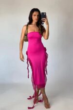 Ruffless Püsküllü Straplez Elbise - Neon-Pembe - Görsel 4