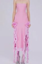Ruffless Püsküllü Straplez Elbise - Pembe-Mor