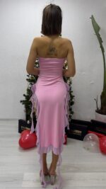 Ruffless Püsküllü Straplez Elbise - Pembe-Mor - Görsel 5