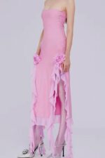 Ruffless Püsküllü Straplez Elbise - Pembe-Mor - Görsel 6