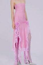 Ruffless Püsküllü Straplez Elbise - Pembe-Mor - Görsel 7
