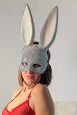 Taşlı Luxury Tavşan Maske - Beyaz