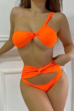 Tek Omuz Büzgülü Bikini - Turuncu - Görsel 5