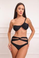 Tek Omuz Büzgülü Bikini - Siyah