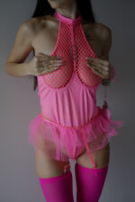 Etekli Latex Bodysuit - Neon-Pembe - Görsel 2