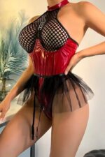 Etekli Latex Bodysuit - Kırmızı-Siyah - Görsel 3