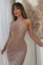 Janna Taşlı Transparan Elbise - Bej - Görsel 3