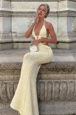 Örgü Halter Yaka Elbise - Sarı