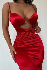 V Metal Midi Elbise - Kırmızı - Görsel 3